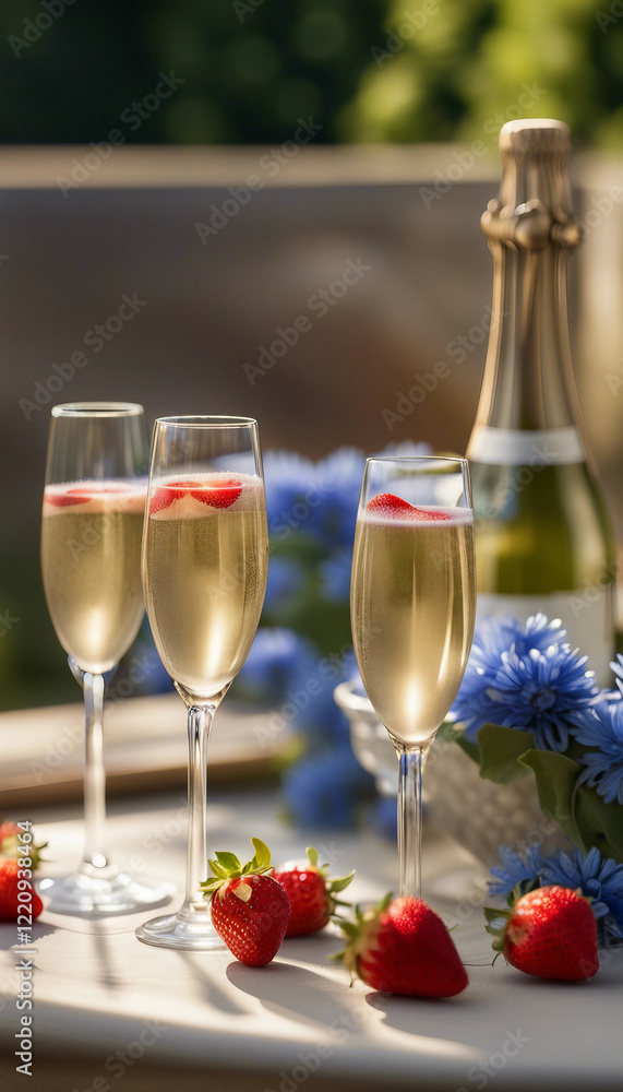 Elegant garden setup featuring glasses of sparkling champagne, fresh strawberries, and vibrant blue flowers on a sunny day. The scene evokes summer relaxation and outdoor enjoyment.
Elegant garden setup featuring glasses of sparkling champagne, fresh strawberries, and vibrant blue flowers on a sunny day. The scene evokes summer relaxation and outdoor enjoyment.