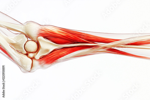 high-resolution medical illustration of tennis elbow, showing inflamed lateral epicondyle in red. Cross-sectional arm view with labeled muscles, tendons, and bones on white background photo