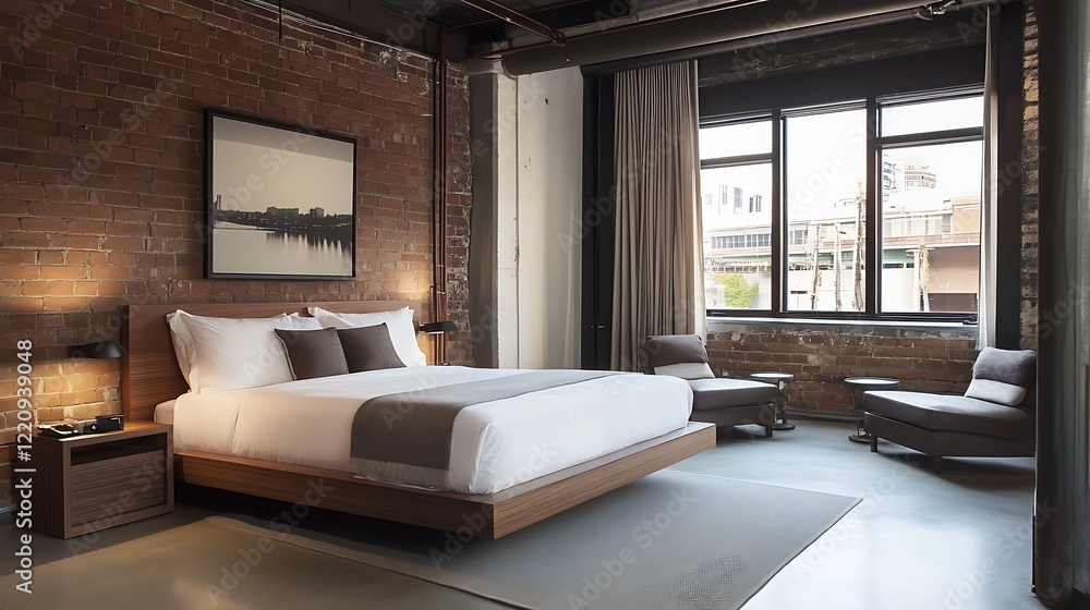 Modern Hotel Room with Exposed Brick Walls and City View Modern Hotel Room with Exposed Brick Walls and City View