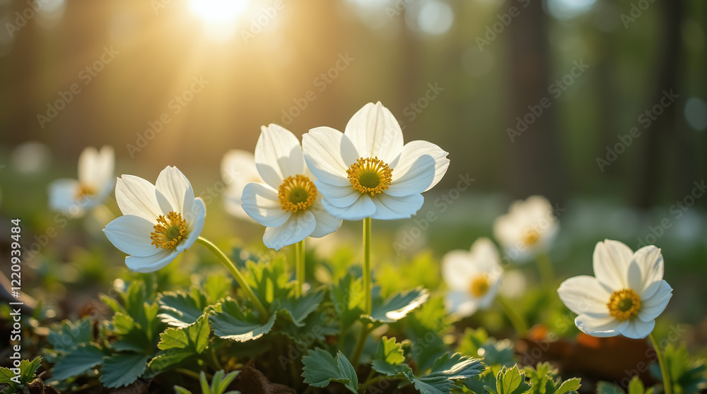 Anemones White Flowers in Spring Beautiful Forest Lawn Field Anemones White Flowers in Spring Beautiful Forest Lawn Field