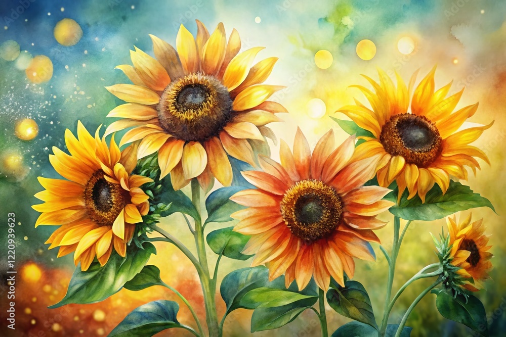 Obraz premium Hand-Drawn Watercolor Sunflowers with Bokeh Background - Botanical Illustration Set