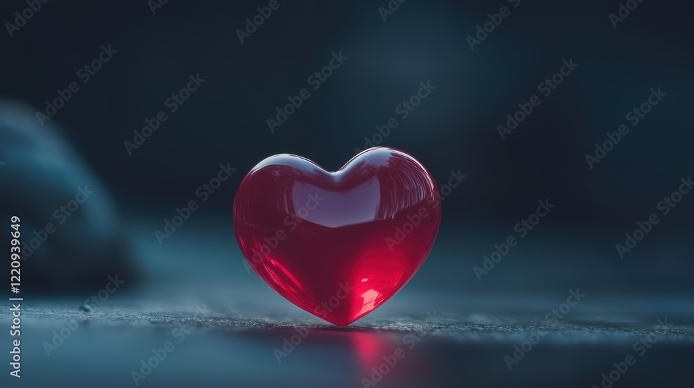 Fototapeta premium A shiny red heart-shaped object sits on a surface, illuminated softly, evoking themes of love and affection.