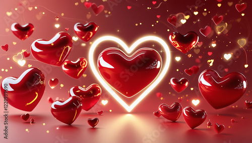 Glossy red hearts with glowing white neon heart outline on a gradient red background for Valentines Day 2025, generative ai. photo