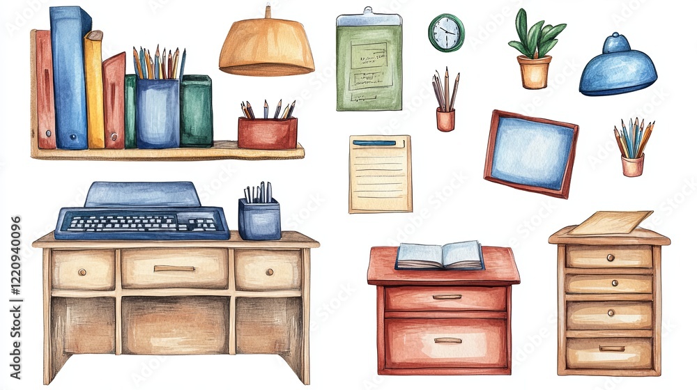 Naklejka premium Watercolor desk collection
