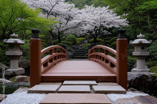 Japanischer Garten mit Kirschblüten, Steinlaternen und traditioneller Brücke photo