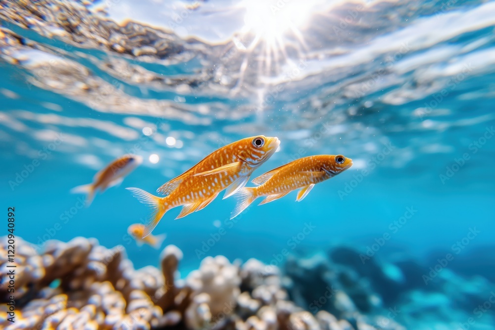 Fototapeta premium Unterwasserwelt mit tropischen Fischen und Korallenriffen in klarem, blauem Wasser