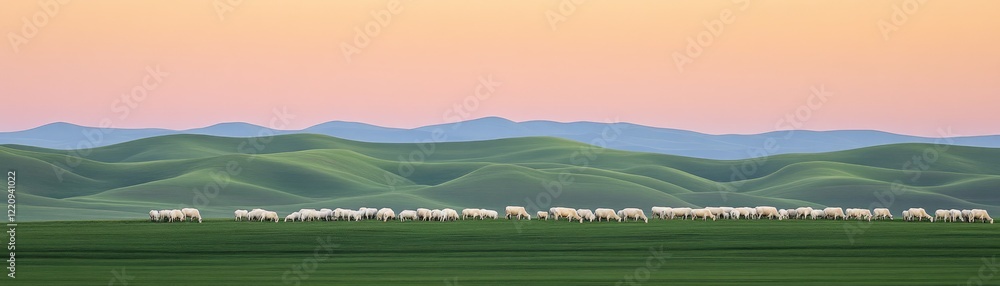 Fototapeta premium Sheep graze on rolling hills at sunset. Pastoral landscape, nature scene