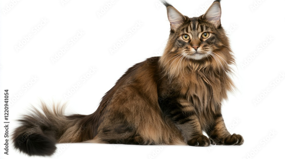 Obraz premium Majestic Brown Maine Coon Cat with Striking Fur Patterns Isolated on White Background