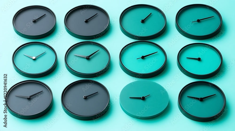 Twelve clocks arranged on a blue surface showing time