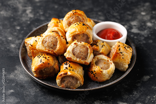 Freshly baked English Sausage rolls with ketchup. Party snack food.
