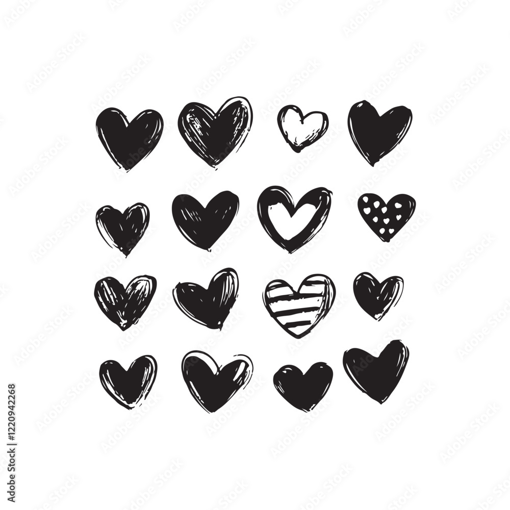 black silhouette Vector hand-drawn childlike doodle heart icon set. Black stroke on white background. black silhouette Vector hand-drawn childlike doodle heart icon set. Black stroke on white background.