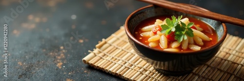 Sleek chopsticks rest on bamboo mat beside soy-filled bowl , natural, wooden, bowl photo