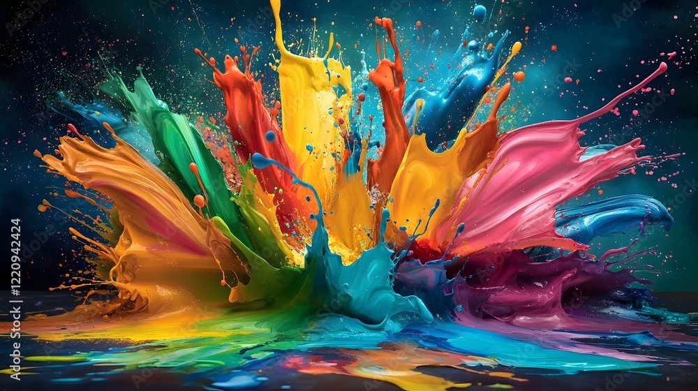 Fototapeta premium Vibrant explosion of multicolored paint splashes and fluid textures forming a dynamic and visually striking abstract wallpaper or background suitable for creative projects and digital design