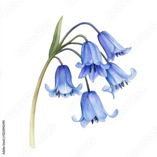 A single bluebell flower, elegant and delicate, watercolor illustration, isolated on white background,
