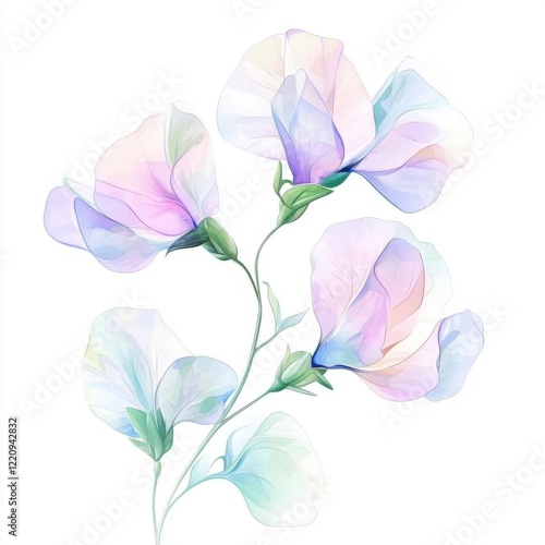 A sweet pea flower vine, soft pastel tones, watercolor style, isolated on white background,