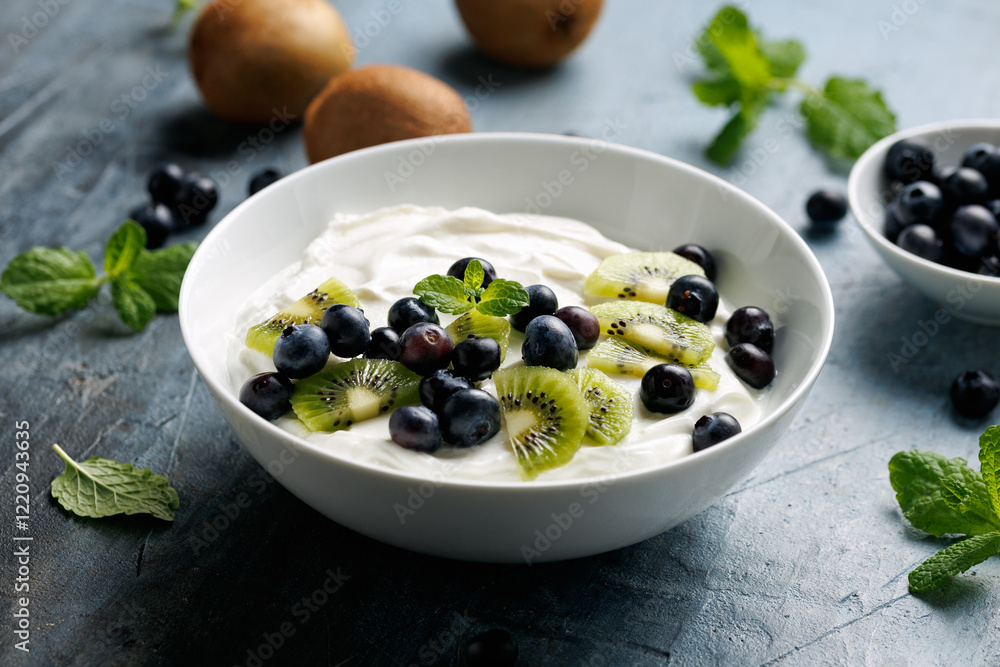 Greek yogurt with fresh blueberries and kiwi. Probiotic healthy food breakfast Greek yogurt with fresh blueberries and kiwi. Probiotic healthy food breakfast