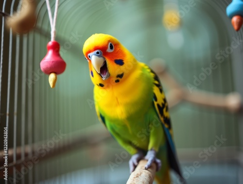 Colorful parakeet chirping and playing with bell toy in cage photo