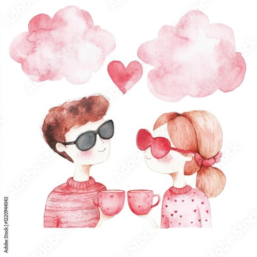 Love stories, pink clouds, heartshaped sunglasses, couple mugs, handtied ribbons, watercolor artwork, isolated on white background, photo