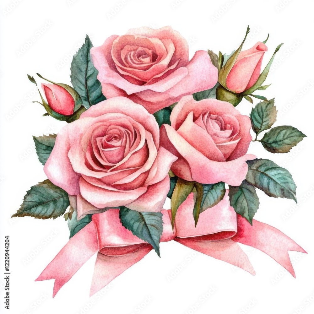 Naklejka premium Pink roses, romantic novels, romantic picnics, lovethemed stickers, satin ribbons, watercolor illustration, isolated on white background,
