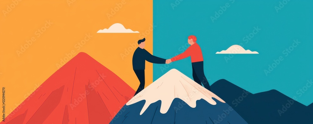 Fototapeta premium Two figures shake hands on a mountain peak, symbolizing partnership and collaboration against a backdrop of colorful mountains and clouds.