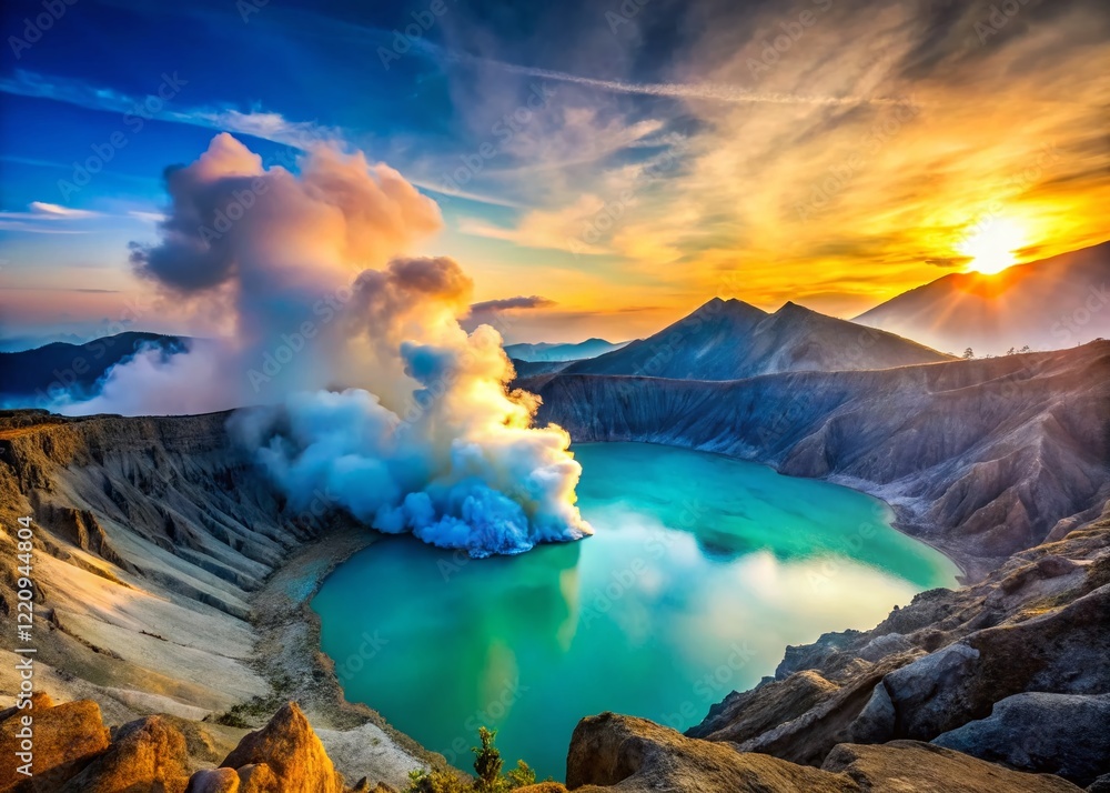 Naklejka premium Ijen Crater Lake, East Java, Indonesia: Stunning Aerial View of Volcanic Landscape & Blue Fire