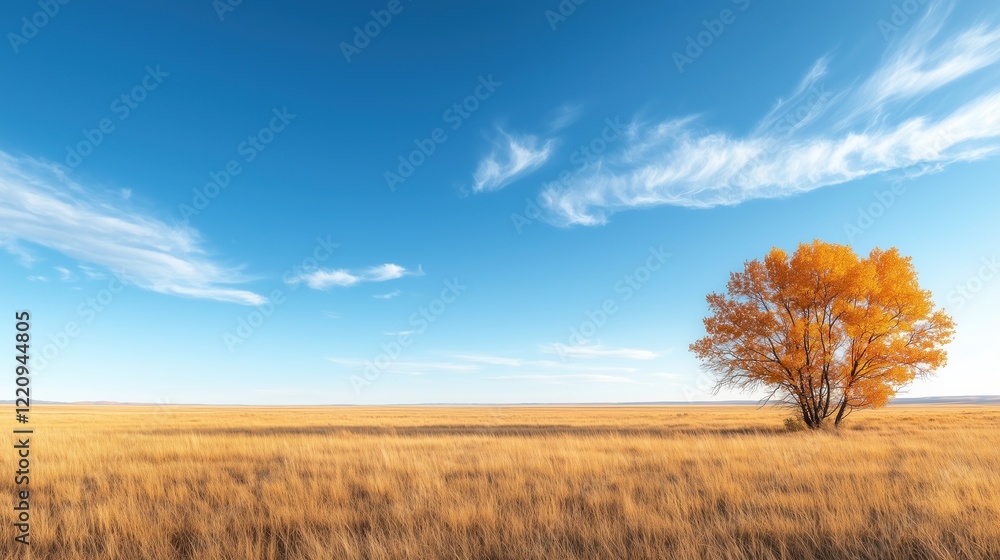 Solitary Tree with Vibrant Autumn Foliage in Expansive Golden Field Solitary Tree with Vibrant Autumn Foliage in Expansive Golden Field