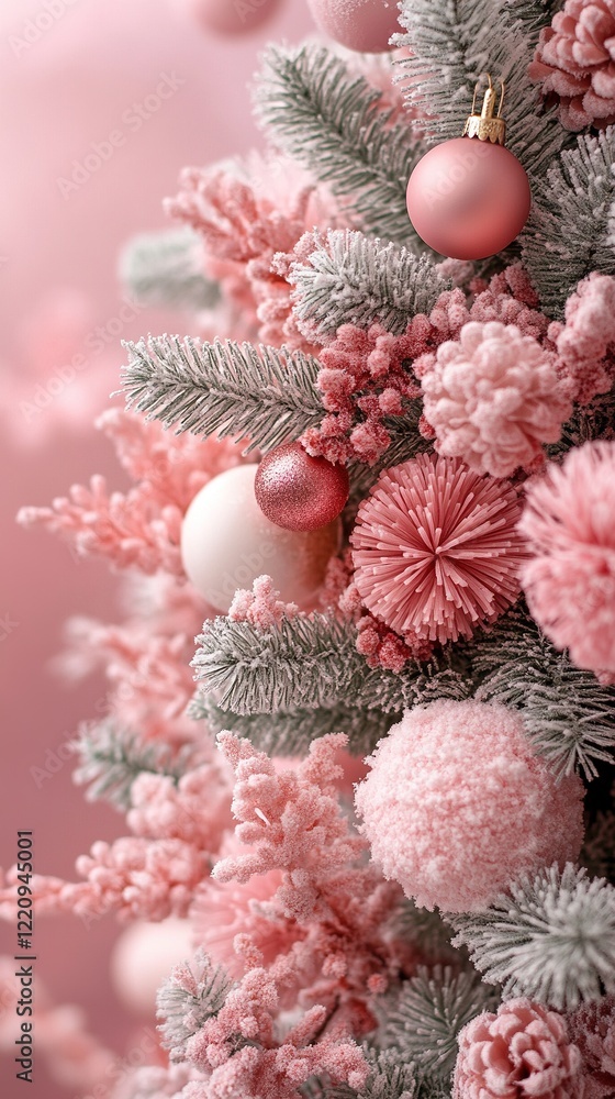 Pink Christmas tree with ornaments and fluffy pom-poms on pink backdrop Pink Christmas tree with ornaments and fluffy pom-poms on pink backdrop