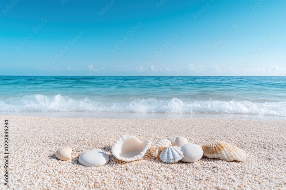 Sonnenuntergang am Strand mit Steinen, Muscheln und ruhiger Meeresatmosphäre Sonnenuntergang am Strand mit Steinen, Muscheln und ruhiger Meeresatmosphäre