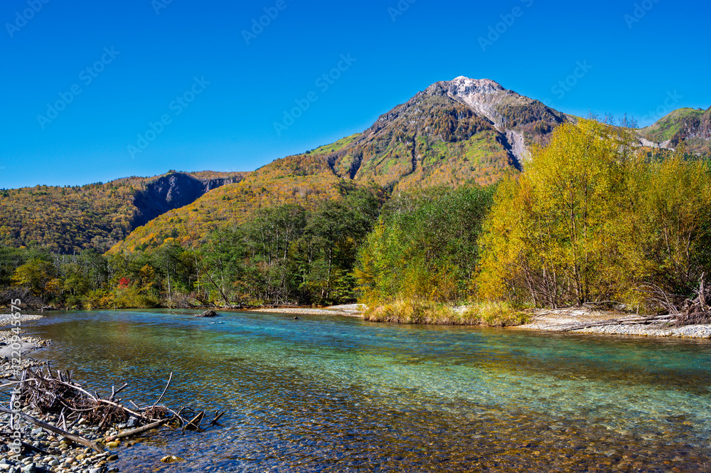 Autumn season of Kamikochi, Chubu-Sangaku National Park, Japan Beautiful mountain, Nature landscape at Kamikochi Japan, autumn in the Northern Japan Alps, Matsumoto, Nagano, Japan