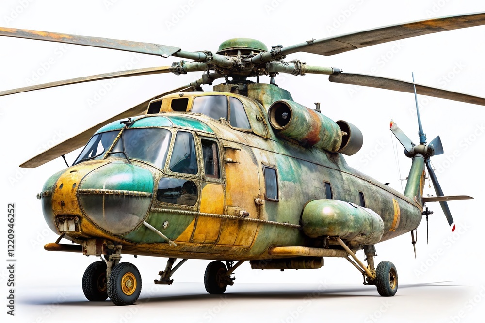Fototapeta premium Isolated Military Helicopter on White Background - Urban Exploration Stock Photo