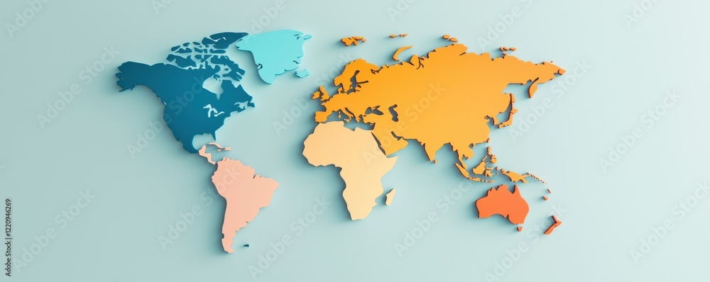 Fototapeta premium A colorful, stylized world map depicting continents in distinct sections, showcasing geographical representation on a light background.