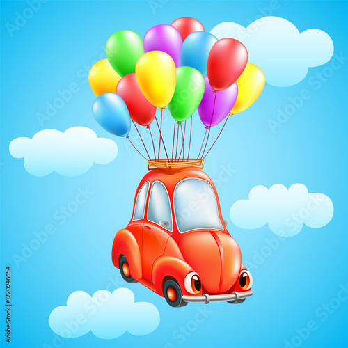 Funny cartoon vintage red car flies with colorful balloons. cute gift auto on blue sky background. vector illustration.