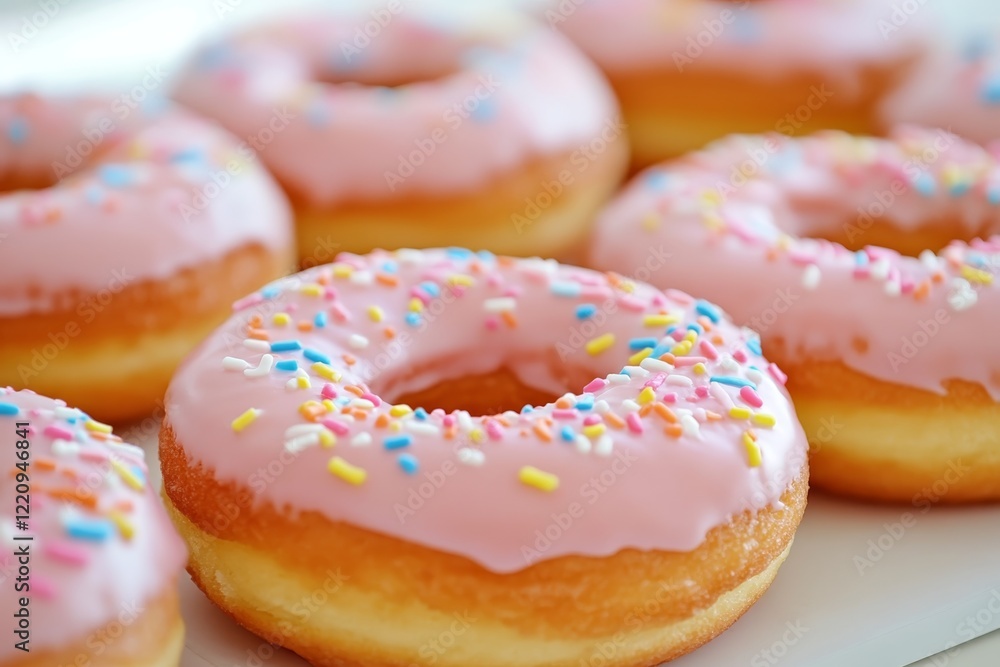 Freshly made pink frosted donuts with colorful sprinkles perfect for a sweet treat at a bakery or cafe Freshly made pink frosted donuts with colorful sprinkles perfect for a sweet treat at a bakery or cafe
