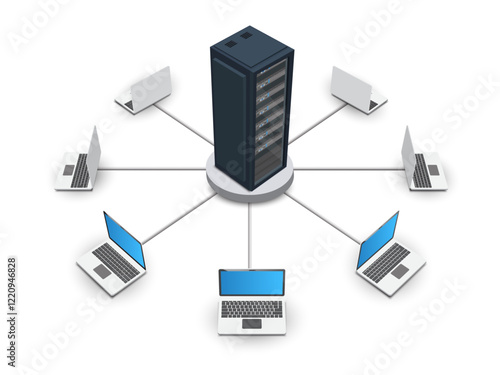 Laptop connected to server, computer networking concept.