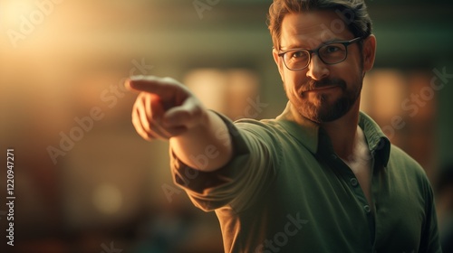 A person with a finger pointing up as if an idea has just come to mind, with ample space on the left or right side, soft light background,generative ai illustration