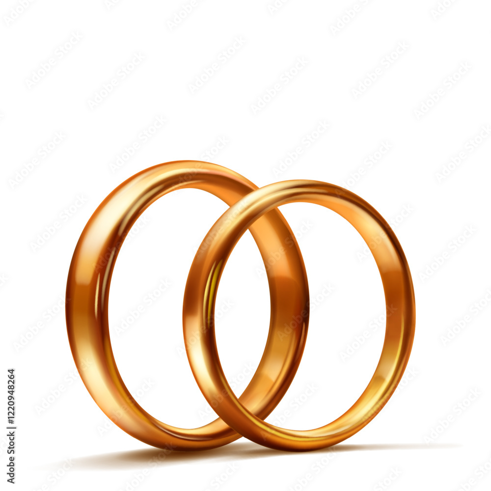 A pair of simple, shiny, polished gold wedding rings placed side by side symbolize unity and love. With soft shadow, on white background. A pair of simple, shiny, polished gold wedding rings placed side by side symbolize unity and love. With soft shadow, on white background.