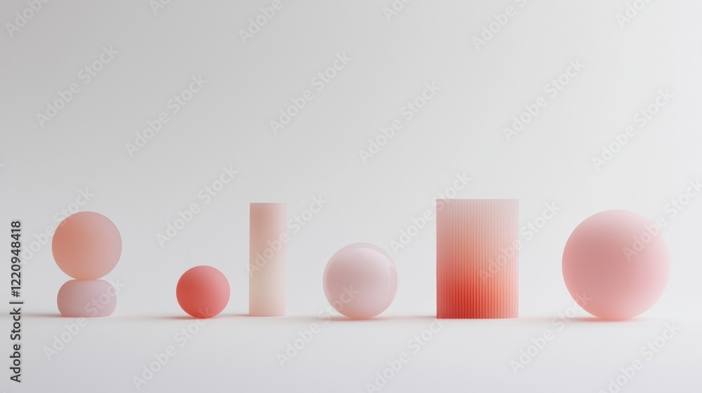 A row of pink and red spheres and cylinders arranged in a line A row of pink and red spheres and cylinders arranged in a line