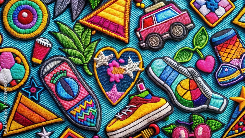 Fototapeta premium Retro 80s 90s Fashion Patches: Trendy Flat Line Style Emblems & Badges - Low Light Photography