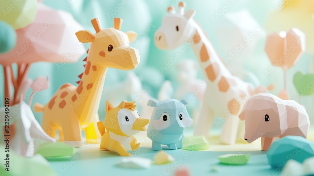Fototapeta premium Low poly pastel animals with two giraffes a fox a hippo and a sheep in soft light