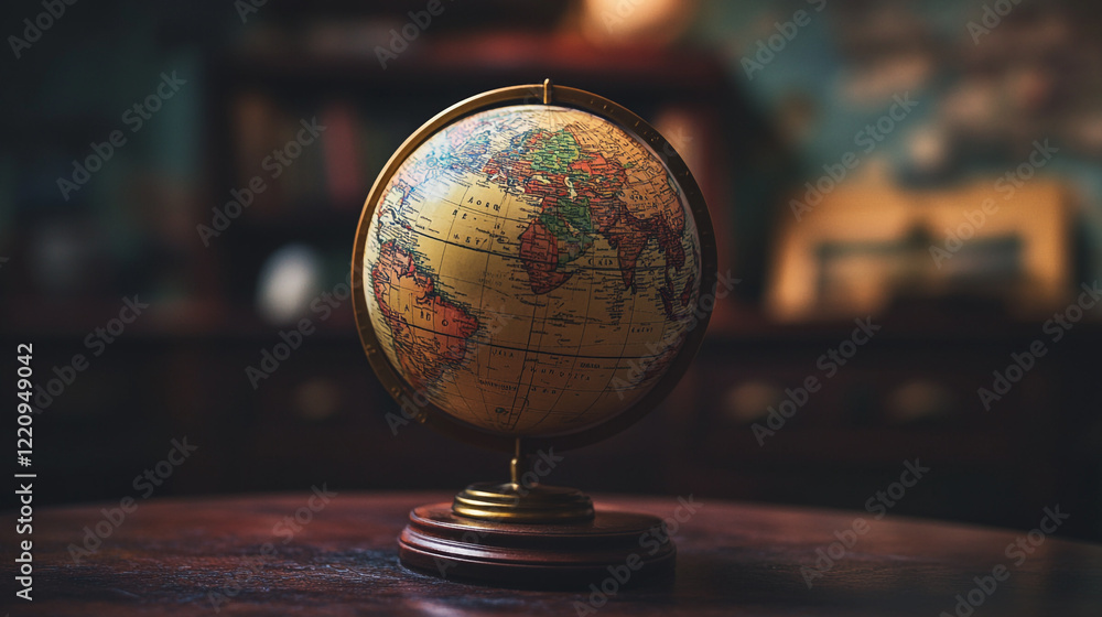 Decorative globe resting on a wooden table in a softly lit room with vintage decor Decorative globe resting on a wooden table in a softly lit room with vintage decor