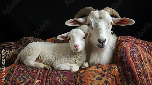 Two goats rest on an oriental rug with a dark background