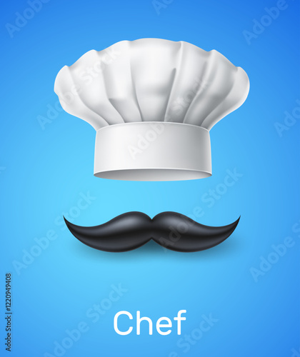 Realistic chef hat and mustache. 3D isolated elements, cafe and restaurant poster, kitchen worker symbol, uniform hat, white textile headwear. Cooking cap. Culinary print. Vector concept
