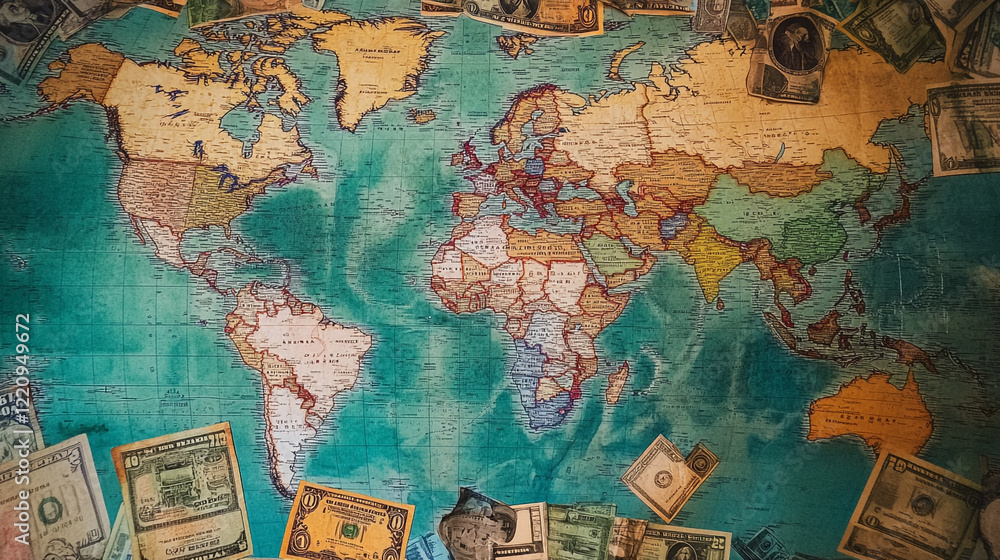 Naklejka premium World map surrounded by various currency notes showcasing global diversity