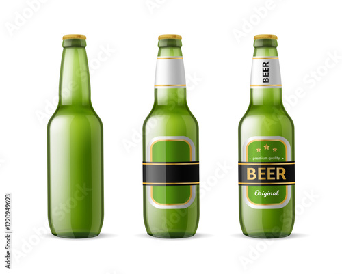 Realistic beer bottles. Green glass bottle, empty label. 3d container for alcoholic beverage. Brewery product. Premium quality lager. Cold drink, branding product mockup. Vector concept