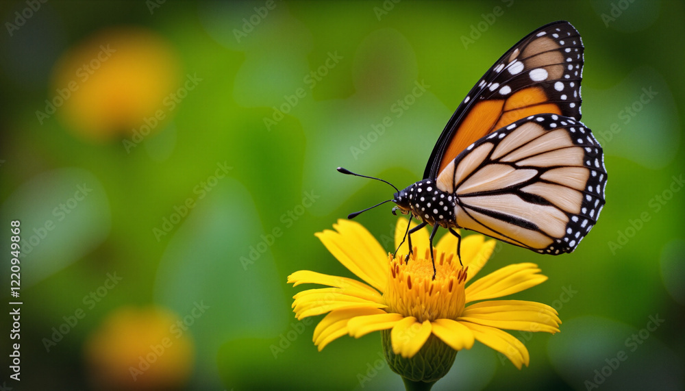 Fototapeta premium Monarch butterfly resting on vibrant yellow flower in a soft blurred garden background