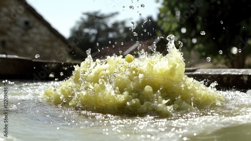 Grapes splashing in water, rural vineyard, sunny day, winemaking process