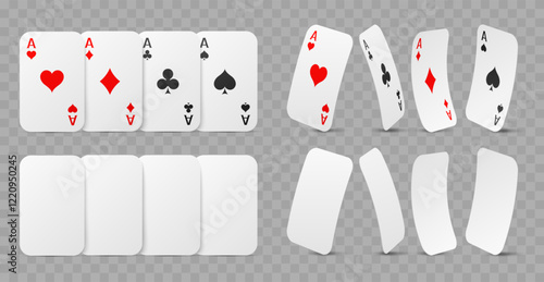 Playing cards and their white layouts. Realistic isolated gaming elements, casino objects, empty blank covers. Black and red signs. Aces crosses, diamonds hearts and spades. Vector set