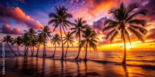 Long Exposure Palm Trees Tropical Beach Sunset, Vibrant Colors, Idyllic Paradise