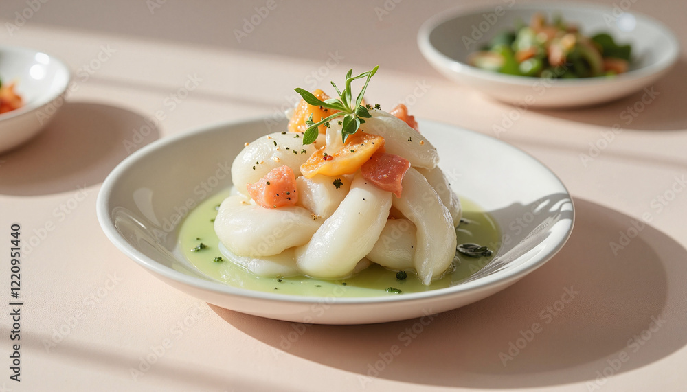 Gourmet seafood dish plated elegantly with sauce Gourmet seafood dish plated elegantly with sauce