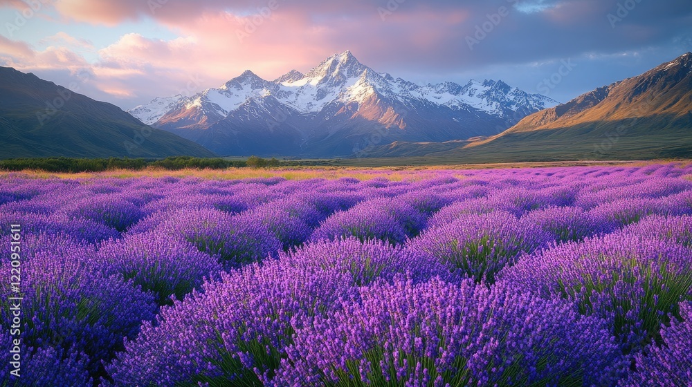 A vibrant lavender field stretches across the foreground, A vibrant lavender field stretches across the foreground,
